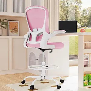 Drafting Chair, Tall Office Chair with Flip-up Armrests Executive Ergonomic Computer Standing Desk Chair, Office Drafting Chair with Lumbar Support and Adjustable Footrest Ring
